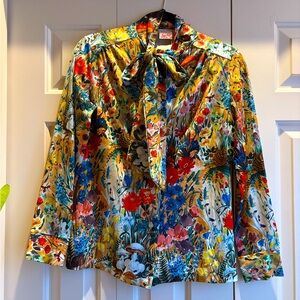 Vintage Jane Colby Button Up Floral/Garden Print Long Sleeve Tie Blouse M